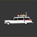 White Classic Car With Red Blue Lights Yellow Storage Boxes Ladder and Red Side Stripes