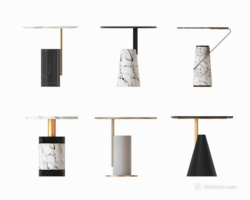 Elegant Modern Side Tables With Different Marble Bases And Gold Metal Frames Design 3d model