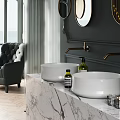 Gray Bathroom With Chandelier Arched Windows Marble Double Sinks Bathtub Armchair Round Mirrors And Rug