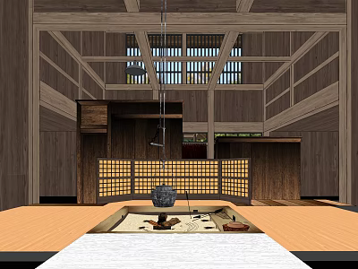 Traditional Private Box Interior With Wooden Structure Lattice Windows Tatami Flooring And Stone Lantern 3d model