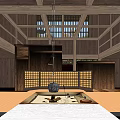Traditional Private Box Interior With Wooden Structure Lattice Windows Tatami Flooring And Stone Lantern