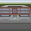 Modern Red Brick Building With Light Stone Exterior Large Glass Windows People Walking Cycling Outside