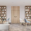 Modern Living Room With Reading Area Bookshelves And Large Windows 3d model