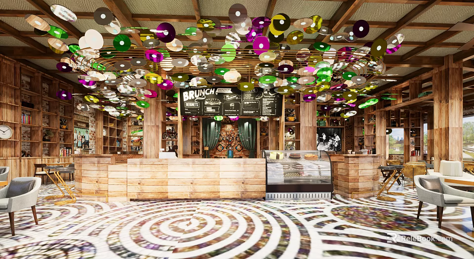 Vibrant Café Interior With Colorful Circular Ceiling Decor Wooden Bar Brunch Menu And Spiral Floor 3d model 