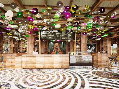 Vibrant Café Interior With Colorful Circular Ceiling Decor Wooden Bar Brunch Menu And Spiral Floor 3d model