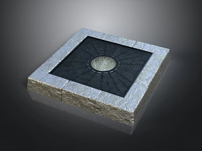 Square Manhole Cover With Stone Border Black Grid Surface And Circular Center Design 3d model