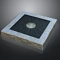 Square Manhole Cover With Stone Border Black Grid Surface And Circular Center Design