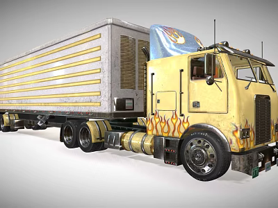 Vintage Yellow Truck With Flame Decals And Detailed Semi Trailer Container 3d model