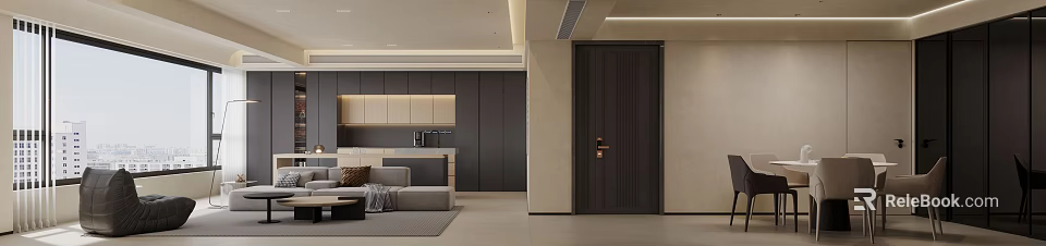 Modern Minimalist Dining and Living Room Interior With Gray Sofa Cabinets And Recessed Lighting 3d model 