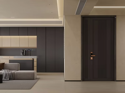Modern Minimalist Dining and Living Room Interior With Gray Sofa Cabinets And Recessed Lighting 3d model