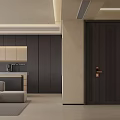 Modern Minimalist Dining and Living Room Interior With Gray Sofa Cabinets And Recessed Lighting