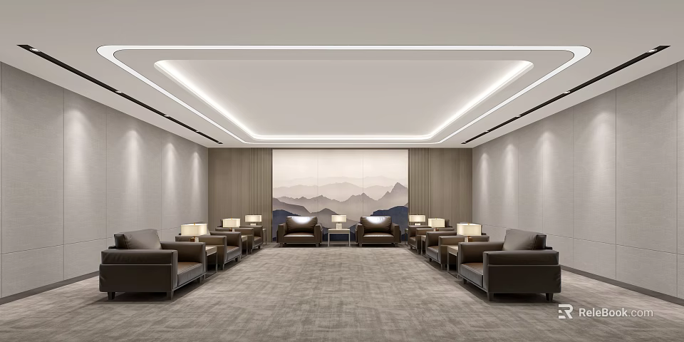 Modern Hotel Public Lounge Area With Gray Carpet Brown Leather Sofas And Landscape Painting Backdrop 3d model 