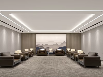 Modern Hotel Public Lounge Area With Gray Carpet Brown Leather Sofas And Landscape Painting Backdrop 3d model