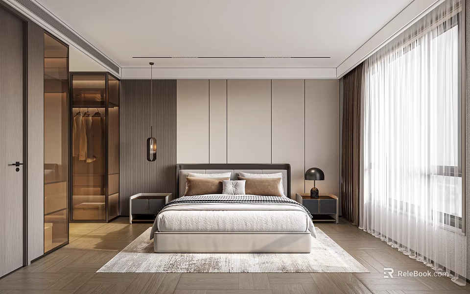 Modern Bedroom Interior Design With King Bed Glass Wardrobe And Floor To Ceiling Curtains 3d model 
