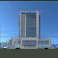 Modern Hospital Office Building Exterior With Glass Curtain Wall Stone Facade And Red Cross Sign