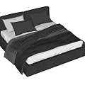 Modern Double Bed with Dark Upholstered Frame White Sheets Black Pillows and Striped Blanket 3d model