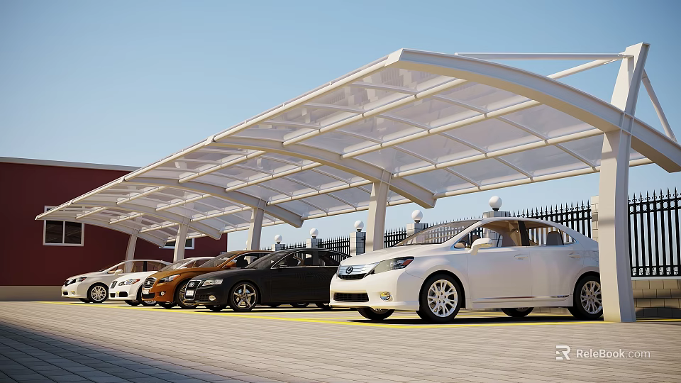 Modern White Carport Covering Multiple Cars In Outdoor Parking Area 3d model 