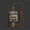 Vintage Distillation Apparatus With Metal Container Copper Coil Brick Base And Small Metal Can