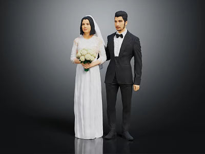 Elegant Long White Wedding Dress And Formal Black Suit For Couple 3d model