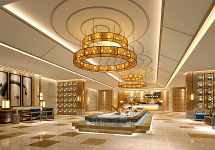 New Chinese Style Hall Hotel Lobby Stylish Simple 3d model