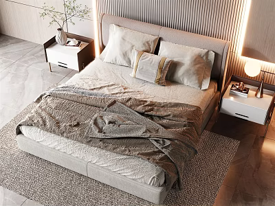 Modern Double Bed with Cozy Bedding Decorative Pillows Bedside Tables Table Lamps and Rug 3d model