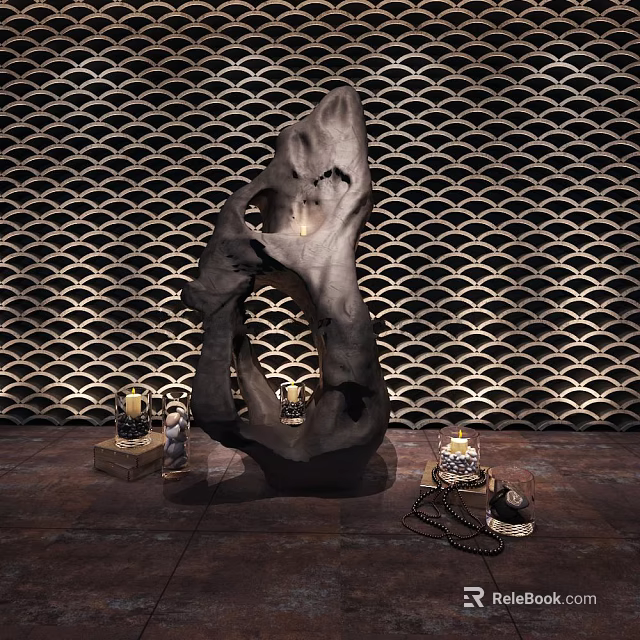 Decorative Ornament Combination With Large Stone Sculpture Small Decor Items And Wavy Patterned Wall 3d model 