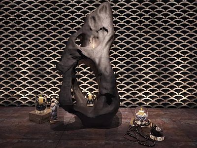 Decorative Ornament Combination With Large Stone Sculpture Small Decor Items And Wavy Patterned Wall 3d model