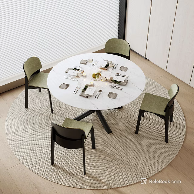 Modern Round Dining Table Set With White Tabletop Four Green Seat Chairs And White Rug 3d model 
