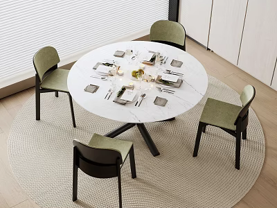 Modern Round Dining Table Set With White Tabletop Four Green Seat Chairs And White Rug 3d model