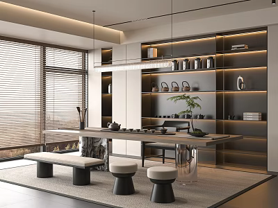 Modern Tea Room Interior With Long Table Bench Stools Plant And Tea Sets On Shelves 3d model