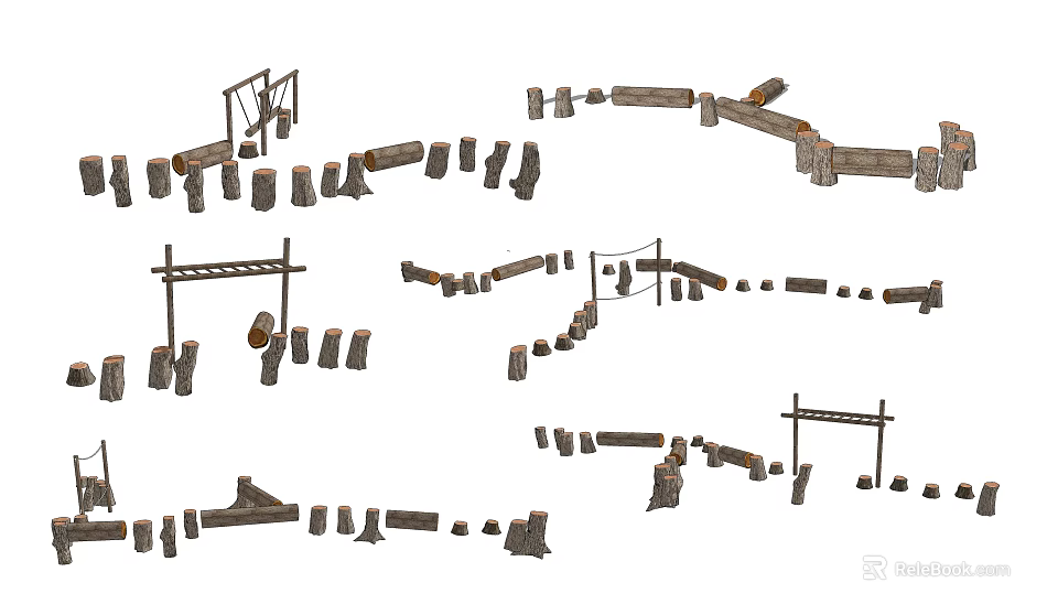 Stone and Wood Construction Elements with Posts Rails and Beam Designs 3d model