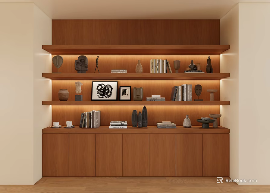 Modern Wooden Bookshelf With Layered Shelves Books Decorative Items And Photo Frames 3d model 