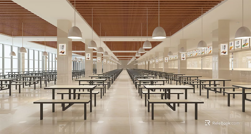Spacious School Dining Hall With Wooden Ceiling Hanging Lights And Tables Benches 3d model