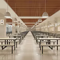 Spacious School Dining Hall With Wooden Ceiling Hanging Lights And Tables Benches 3d model