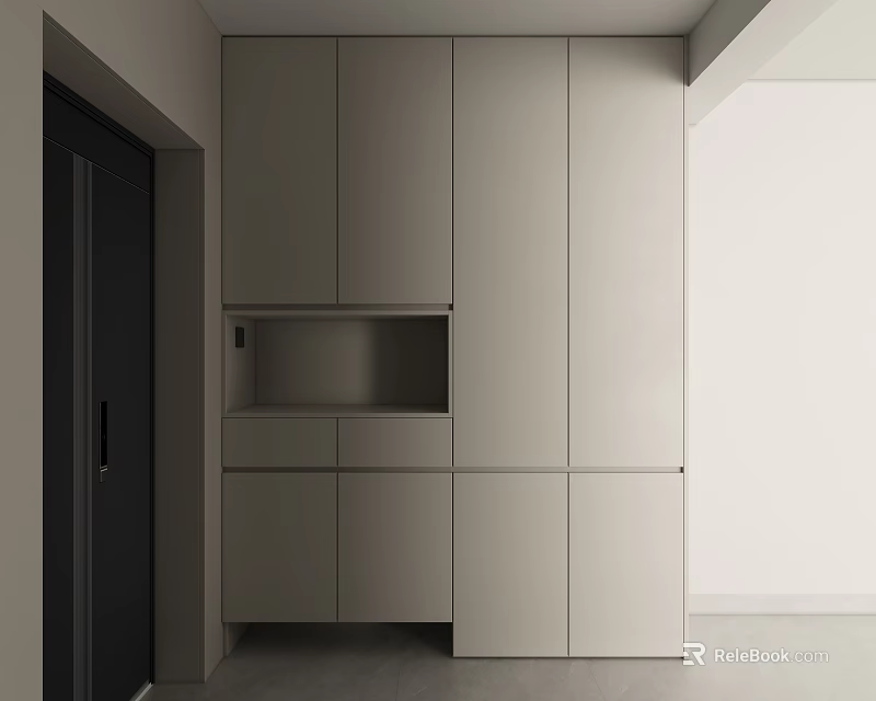 Modern Minimalist Shoe Cabinet With Light Colored Doors Open Shelf And Built In Hallway Design 3d model 