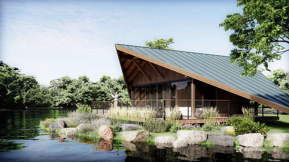 Scenic Lakefront Guesthouse Building With Wooden Structure Green Metal Roof Triangular Design And Waterfront Terrace 3d model 