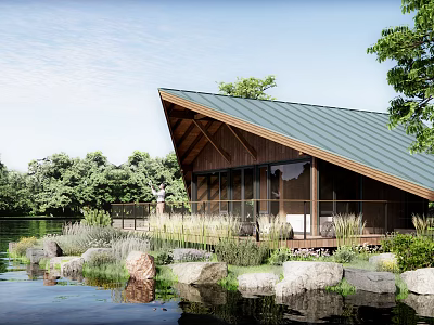 Scenic Lakefront Guesthouse Building With Wooden Structure Green Metal Roof Triangular Design And Waterfront Terrace 3d model
