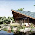 Scenic Lakefront Guesthouse Building With Wooden Structure Green Metal Roof Triangular Design And Waterfront Terrace