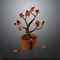 Potted Plant With Red Flowers Brown Trunk Red Textured Pot And Scattered Red Petals