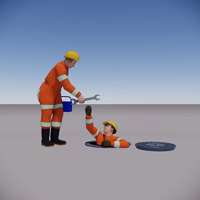Two Workers In Safety Gear Passing Tools At Sewer Opening 3d model