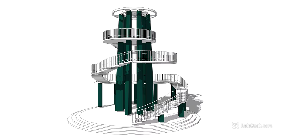 Multi Level Tower Design Featuring Spiral Staircase Green Columns And Circular Platforms 3d model