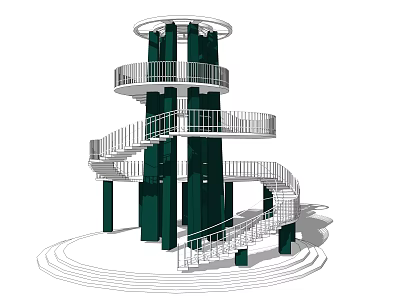 Multi Level Tower Design Featuring Spiral Staircase Green Columns And Circular Platforms 3d model