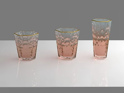Three Pink Textured Transparent Glass Cups With Gold Rim On White Surface 3d model