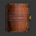 Modern Decorative Wooden Barrel Featuring Orange Surface Blue Hoops And Brown Wooden Frame
