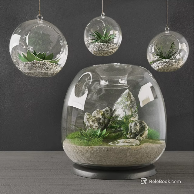 Decorative Ornament Set With Transparent Glass Container Hanging Orbs Stones Green Plants And Sand 3d model 