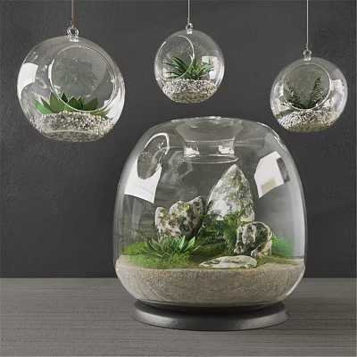 Decorative Ornament Set With Transparent Glass Container Hanging Orbs Stones Green Plants And Sand 3d model