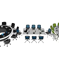 Modern Office Desk Setup With Various Shapes Colored Chairs Laptop And Green Plants