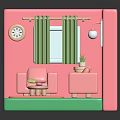 Cute Cartoon Room Scene With Pink Sofa Green Carpet Clock Curtains And Decorative Elements