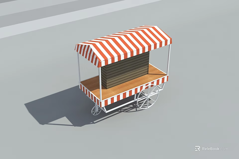 Functional Cart With Red And White Striped Awning And Wooden Platform 3d model 