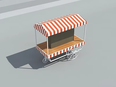 Functional Cart With Red And White Striped Awning And Wooden Platform 3d model